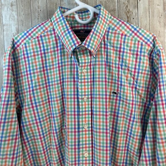 Vineyard Vines Slim Fit Whale Shirt Mens XL Blue Green Pastel Gingham Preppy‎ - Picture 3 of 8
